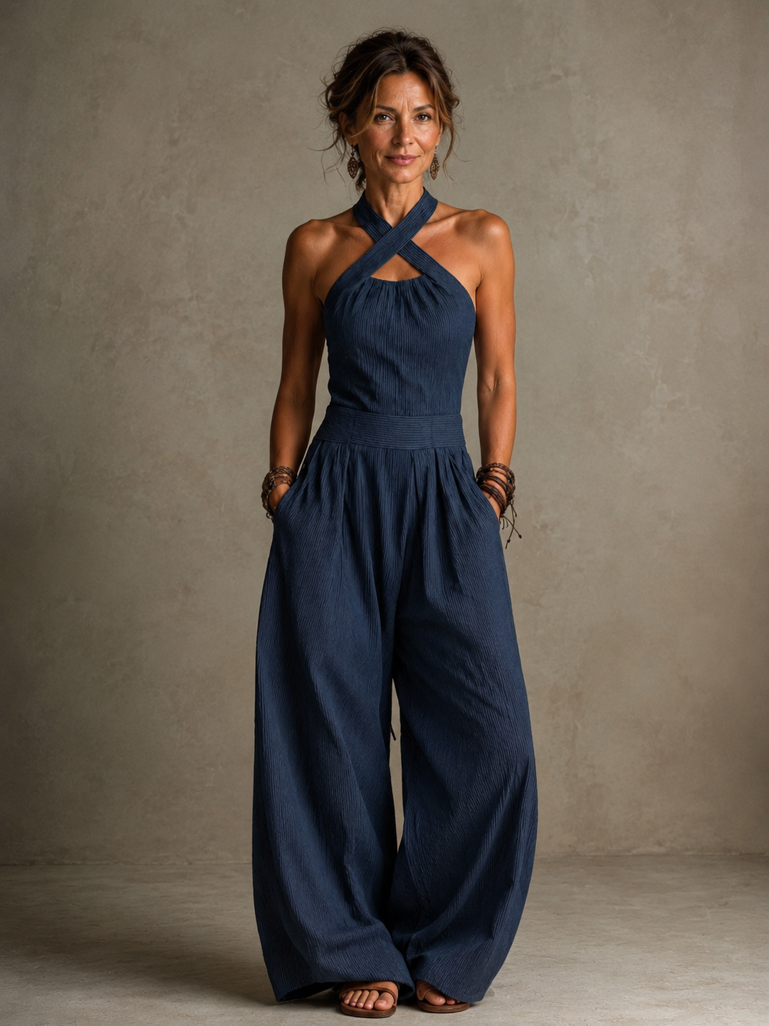 Camilla | Tuta in lino e cotone con scollo incrociato elegante
